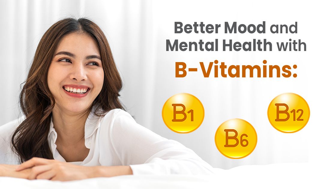 Lady smiling vibrantly with B vitamins text and vitamin elements on side.