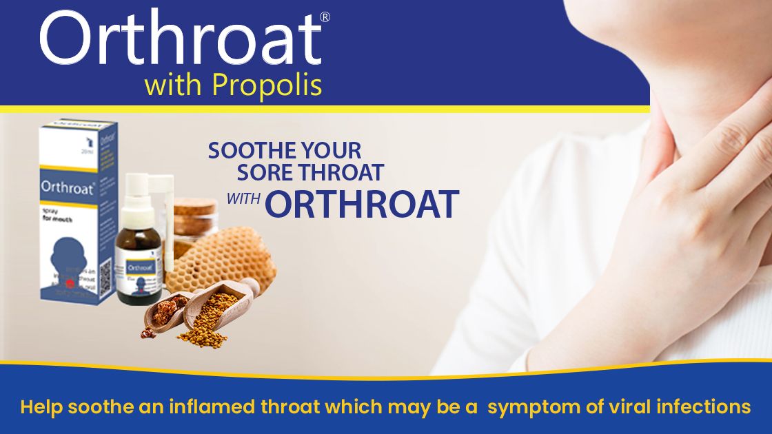 A person holding the neck with a right hand. A bottle of Orthroat Spray with Propolis is seen on the left side.