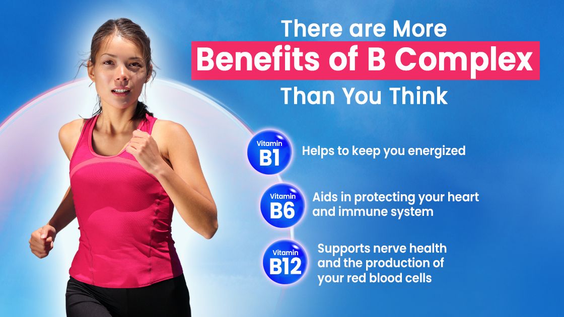 Woman running with B vitamins elements, with B Complex benefits text.