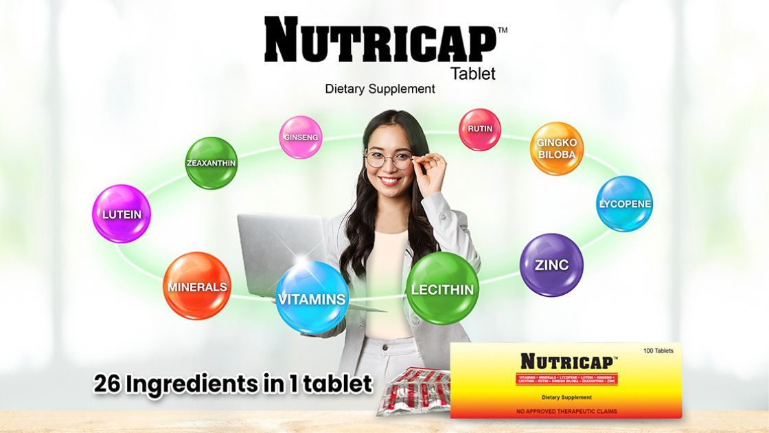 Lady holding laptop and eyeglasses, with colorful circles around her.