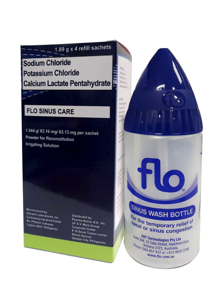 Flo Sinus Care Bottle with blue cap in triangle shape.